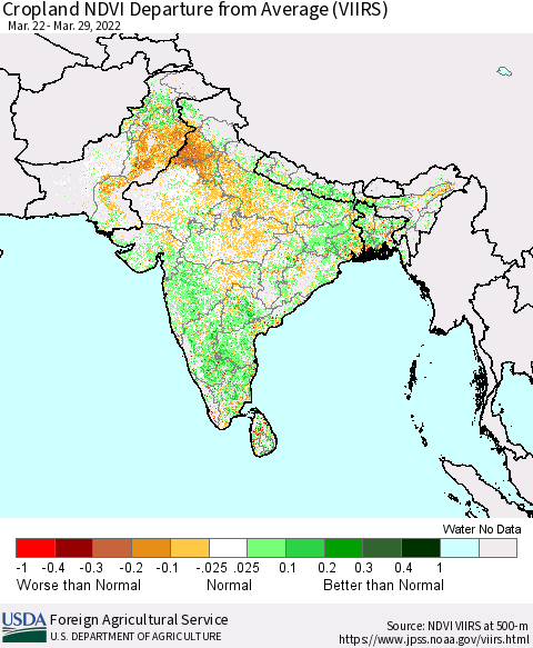 Southern Asia Cropland NDVI Departure from Average (VIIRS) Thematic Map For 3/21/2022 - 3/31/2022