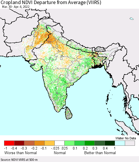 Southern Asia Cropland NDVI Departure from Average (VIIRS) Thematic Map For 3/30/2022 - 4/6/2022