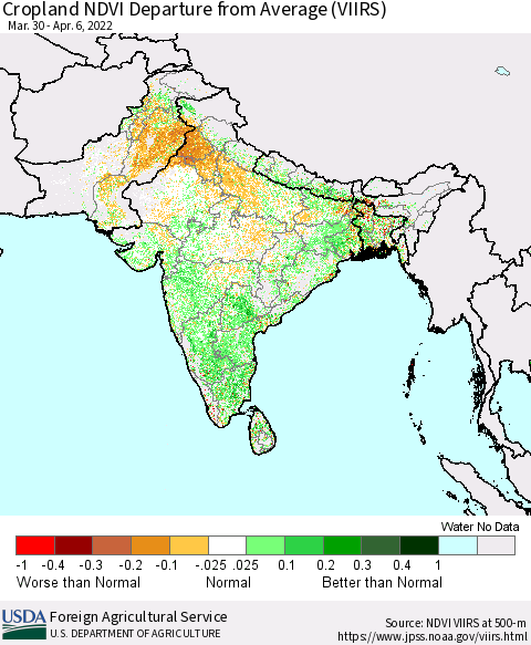 Southern Asia Cropland NDVI Departure from Average (VIIRS) Thematic Map For 4/1/2022 - 4/10/2022