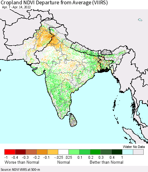 Southern Asia Cropland NDVI Departure from Average (VIIRS) Thematic Map For 4/7/2022 - 4/14/2022