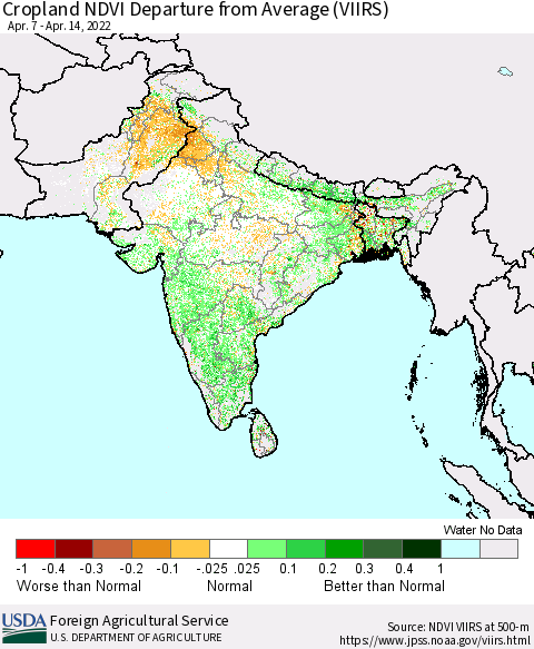 Southern Asia Cropland NDVI Departure from Average (VIIRS) Thematic Map For 4/11/2022 - 4/20/2022