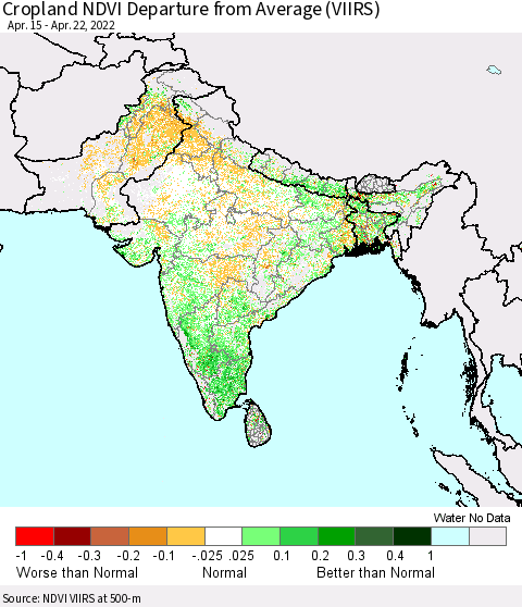 Southern Asia Cropland NDVI Departure from Average (VIIRS) Thematic Map For 4/15/2022 - 4/22/2022