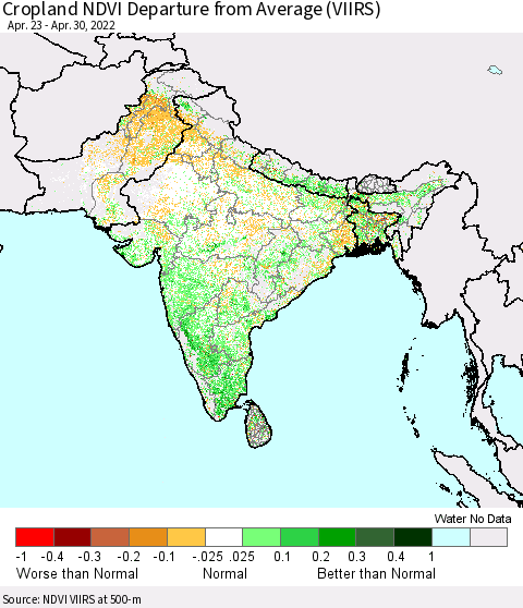 Southern Asia Cropland NDVI Departure from Average (VIIRS) Thematic Map For 4/21/2022 - 4/30/2022