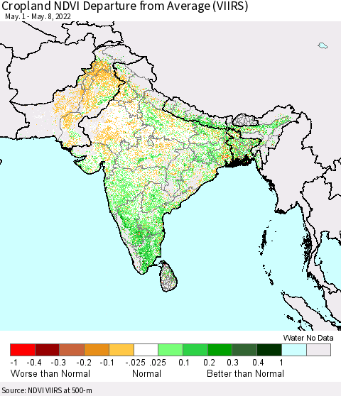 Southern Asia Cropland NDVI Departure from Average (VIIRS) Thematic Map For 5/1/2022 - 5/8/2022