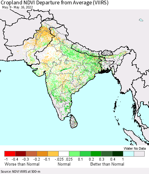 Southern Asia Cropland NDVI Departure from Average (VIIRS) Thematic Map For 5/9/2022 - 5/16/2022