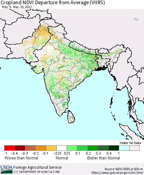 Southern Asia Cropland NDVI Departure from Average (VIIRS) Thematic Map For 5/11/2022 - 5/20/2022