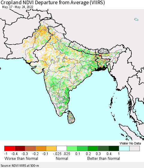 Southern Asia Cropland NDVI Departure from Average (VIIRS) Thematic Map For 5/17/2022 - 5/24/2022