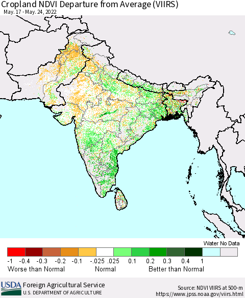 Southern Asia Cropland NDVI Departure from Average (VIIRS) Thematic Map For 5/21/2022 - 5/31/2022