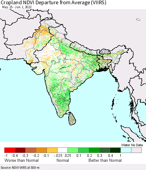 Southern Asia Cropland NDVI Departure from Average (VIIRS) Thematic Map For 5/25/2022 - 6/1/2022