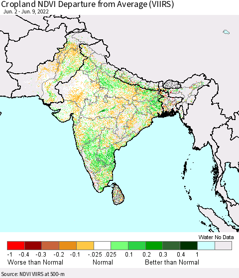 Southern Asia Cropland NDVI Departure from Average (VIIRS) Thematic Map For 6/2/2022 - 6/9/2022
