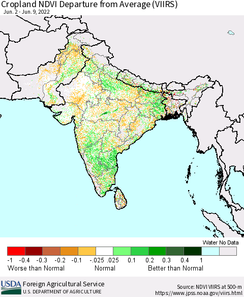 Southern Asia Cropland NDVI Departure from Average (VIIRS) Thematic Map For 6/1/2022 - 6/10/2022