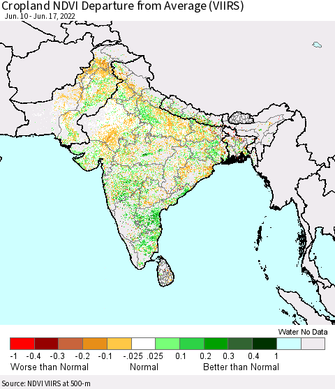 Southern Asia Cropland NDVI Departure from Average (VIIRS) Thematic Map For 6/10/2022 - 6/17/2022