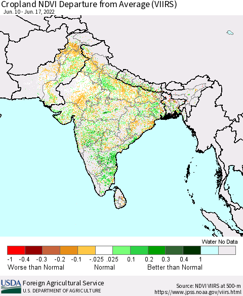 Southern Asia Cropland NDVI Departure from Average (VIIRS) Thematic Map For 6/11/2022 - 6/20/2022