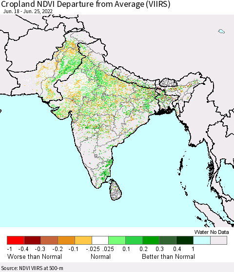 Southern Asia Cropland NDVI Departure from Average (VIIRS) Thematic Map For 6/18/2022 - 6/25/2022