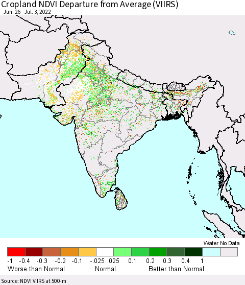 Southern Asia Cropland NDVI Departure from Average (VIIRS) Thematic Map For 6/26/2022 - 7/3/2022