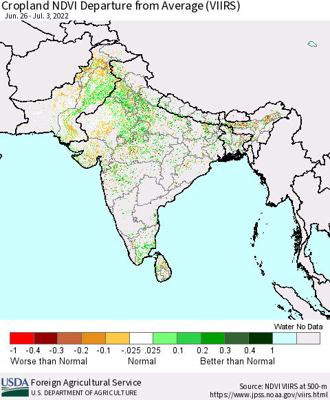 Southern Asia Cropland NDVI Departure from Average (VIIRS) Thematic Map For 7/1/2022 - 7/10/2022