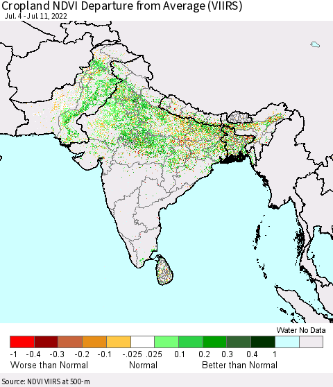 Southern Asia Cropland NDVI Departure from Average (VIIRS) Thematic Map For 7/4/2022 - 7/11/2022
