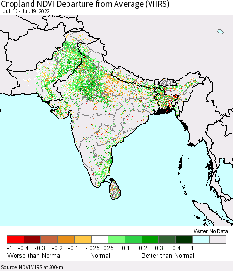 Southern Asia Cropland NDVI Departure from Average (VIIRS) Thematic Map For 7/12/2022 - 7/19/2022