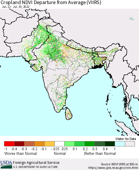 Southern Asia Cropland NDVI Departure from Average (VIIRS) Thematic Map For 7/11/2022 - 7/20/2022
