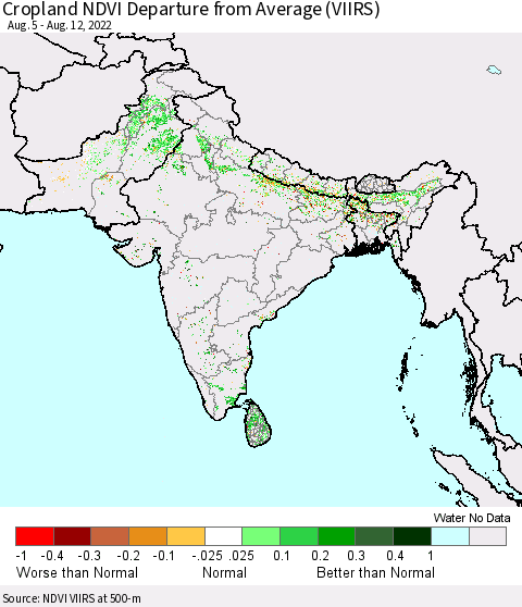 Southern Asia Cropland NDVI Departure from Average (VIIRS) Thematic Map For 8/5/2022 - 8/12/2022