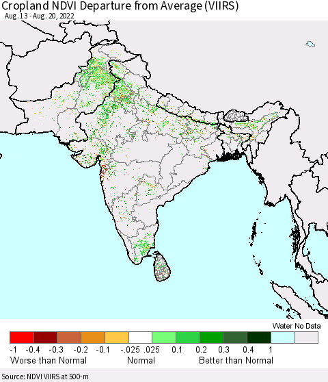 Southern Asia Cropland NDVI Departure from Average (VIIRS) Thematic Map For 8/13/2022 - 8/20/2022
