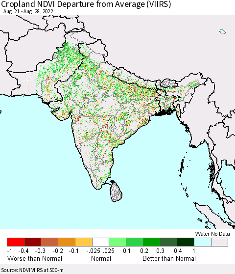 Southern Asia Cropland NDVI Departure from Average (VIIRS) Thematic Map For 8/21/2022 - 8/28/2022