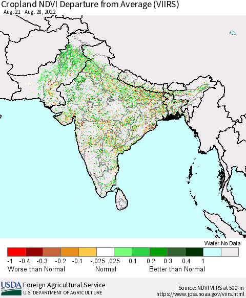 Southern Asia Cropland NDVI Departure from Average (VIIRS) Thematic Map For 8/21/2022 - 8/31/2022