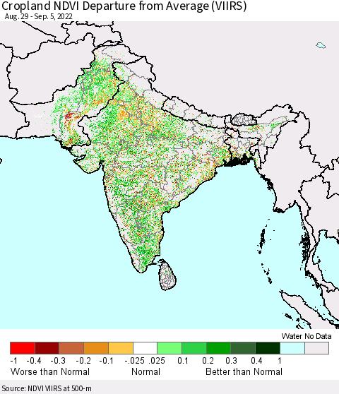 Southern Asia Cropland NDVI Departure from Average (VIIRS) Thematic Map For 8/29/2022 - 9/5/2022