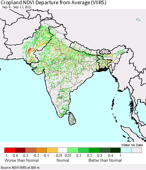 Southern Asia Cropland NDVI Departure from Average (VIIRS) Thematic Map For 9/6/2022 - 9/13/2022