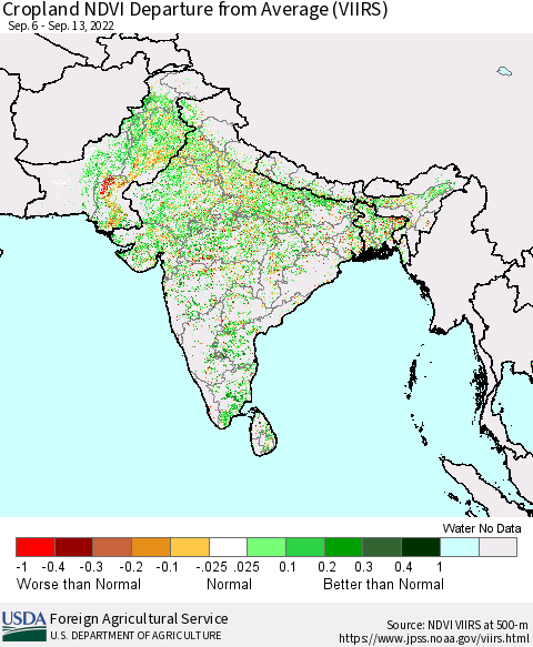 Southern Asia Cropland NDVI Departure from Average (VIIRS) Thematic Map For 9/11/2022 - 9/20/2022