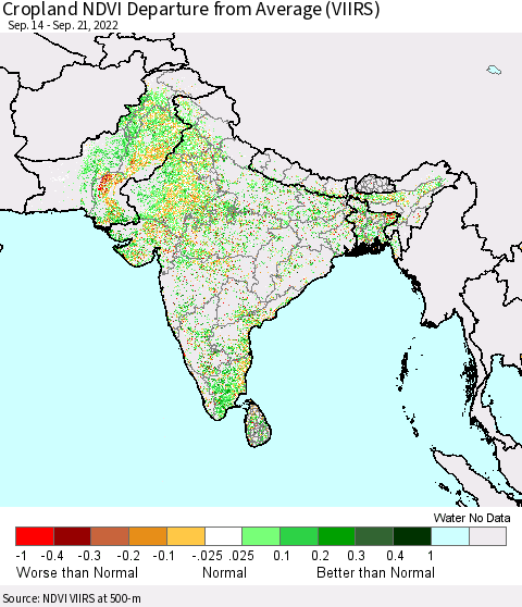 Southern Asia Cropland NDVI Departure from Average (VIIRS) Thematic Map For 9/14/2022 - 9/21/2022
