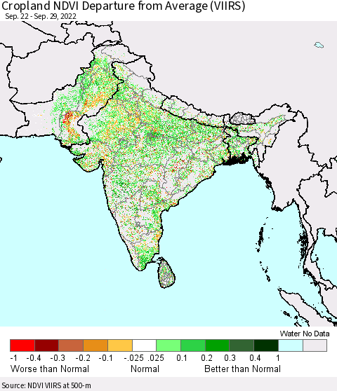 Southern Asia Cropland NDVI Departure from Average (VIIRS) Thematic Map For 9/22/2022 - 9/29/2022