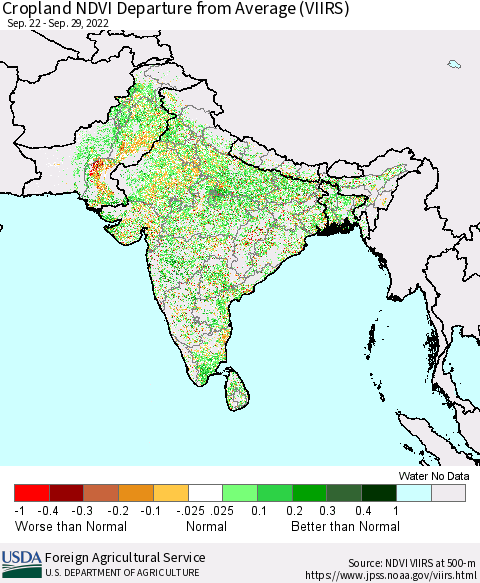 Southern Asia Cropland NDVI Departure from Average (VIIRS) Thematic Map For 9/21/2022 - 9/30/2022