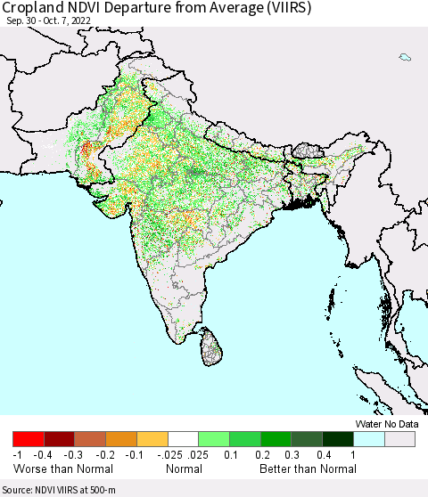 Southern Asia Cropland NDVI Departure from Average (VIIRS) Thematic Map For 9/30/2022 - 10/7/2022