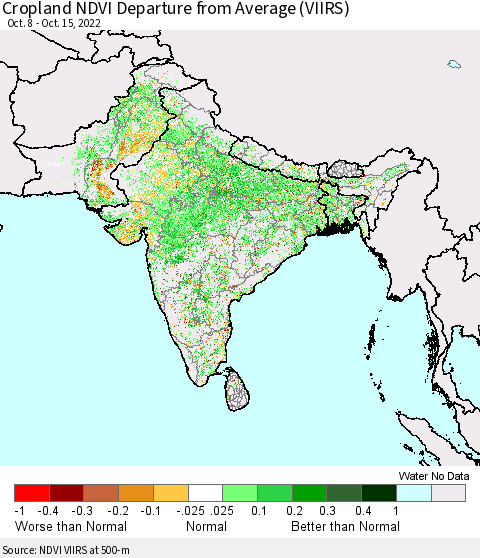 Southern Asia Cropland NDVI Departure from Average (VIIRS) Thematic Map For 10/8/2022 - 10/15/2022