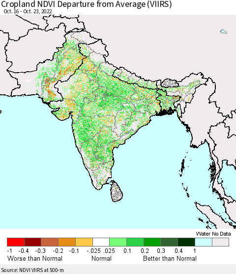 Southern Asia Cropland NDVI Departure from Average (VIIRS) Thematic Map For 10/16/2022 - 10/23/2022