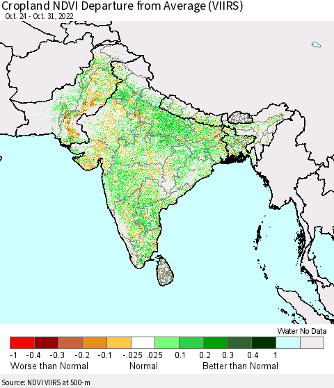Southern Asia Cropland NDVI Departure from Average (VIIRS) Thematic Map For 10/21/2022 - 10/31/2022