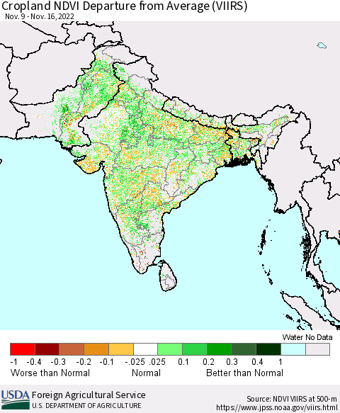Southern Asia Cropland NDVI Departure from Average (VIIRS) Thematic Map For 11/11/2022 - 11/20/2022