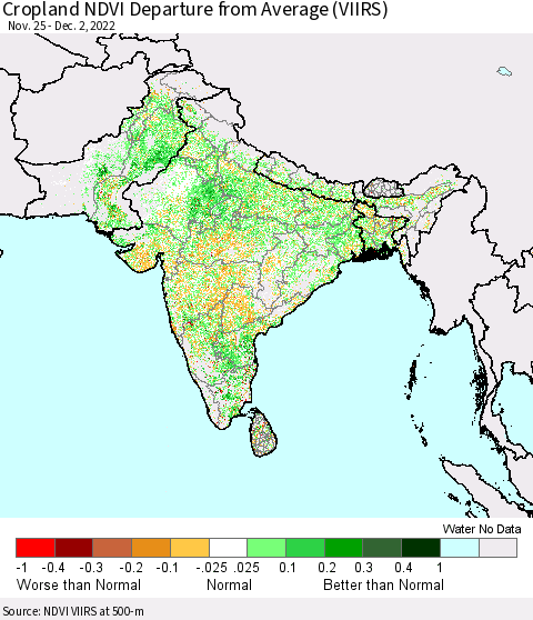 Southern Asia Cropland NDVI Departure from Average (VIIRS) Thematic Map For 11/25/2022 - 12/2/2022