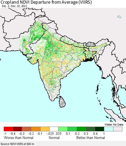 Southern Asia Cropland NDVI Departure from Average (VIIRS) Thematic Map For 12/1/2022 - 12/10/2022