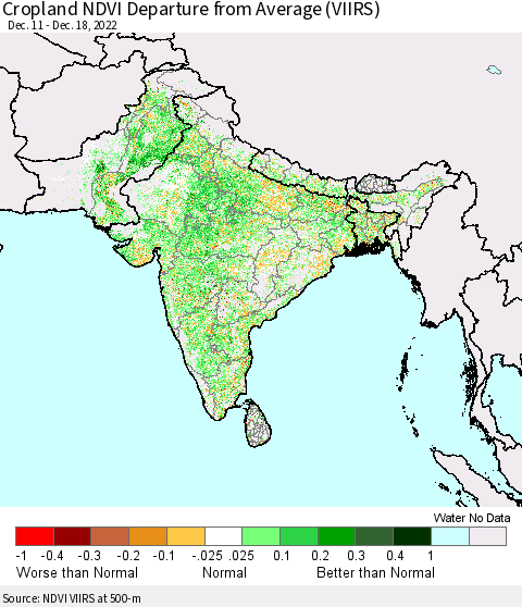 Southern Asia Cropland NDVI Departure from Average (VIIRS) Thematic Map For 12/11/2022 - 12/18/2022