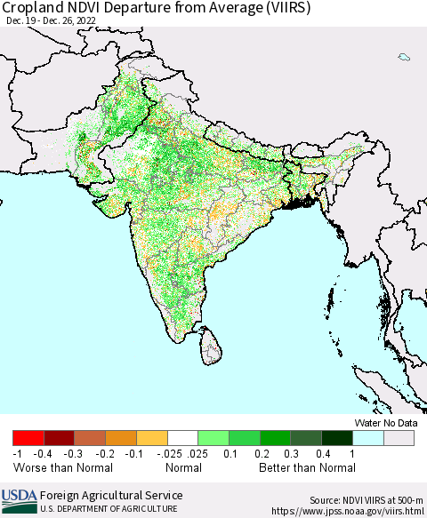 Southern Asia Cropland NDVI Departure from Average (VIIRS) Thematic Map For 12/21/2022 - 12/31/2022