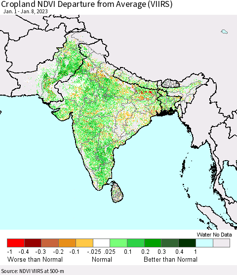 Southern Asia Cropland NDVI Departure from Average (VIIRS) Thematic Map For 1/1/2023 - 1/8/2023