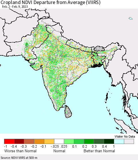 Southern Asia Cropland NDVI Departure from Average (VIIRS) Thematic Map For 2/2/2023 - 2/9/2023