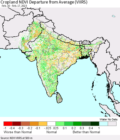 Southern Asia Cropland NDVI Departure from Average (VIIRS) Thematic Map For 2/10/2023 - 2/17/2023