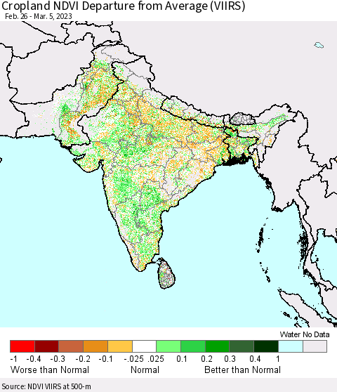 Southern Asia Cropland NDVI Departure from Average (VIIRS) Thematic Map For 2/26/2023 - 3/5/2023