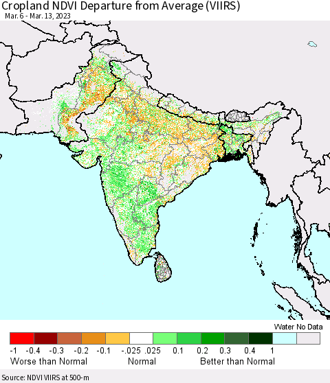 Southern Asia Cropland NDVI Departure from Average (VIIRS) Thematic Map For 3/6/2023 - 3/13/2023