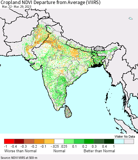 Southern Asia Cropland NDVI Departure from Average (VIIRS) Thematic Map For 3/22/2023 - 3/29/2023