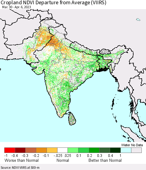 Southern Asia Cropland NDVI Departure from Average (VIIRS) Thematic Map For 3/30/2023 - 4/6/2023