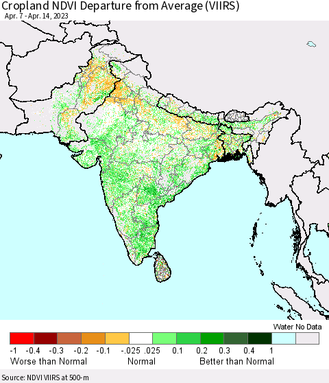 Southern Asia Cropland NDVI Departure from Average (VIIRS) Thematic Map For 4/7/2023 - 4/14/2023